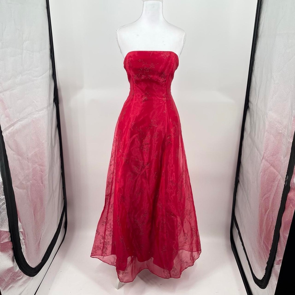 Vintage Y2K Formal Floral Strapless Ball Gown Maxi Dress XS Fairy Prom Glam Red